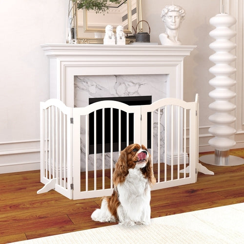 27.6" Tall Freestanding Wooden Pet Gate – Foldable 4-Panel Dog Safety
