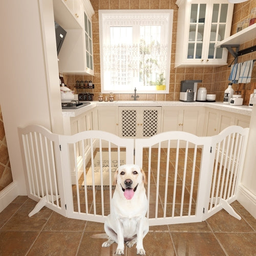 27.6" Tall Freestanding Wooden Pet Gate – Foldable 4-Panel Dog Safety